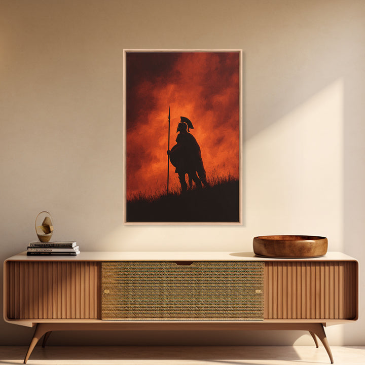 Spartan Silhouette At Red Sunset Wall Art, Ancient Warrior Canvas Print, Dramatic Battle Painting, Masculine Decor Gift For Him