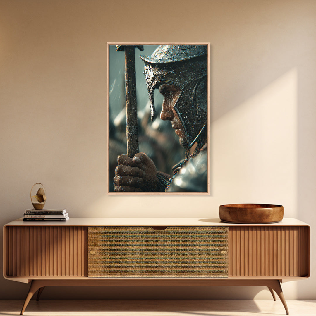 Rain Soaked Warrior Helmet Closeup Canvas Print, Spartan Soldier Wall Art, Dark Historical Decor, Masculine Gift For Him