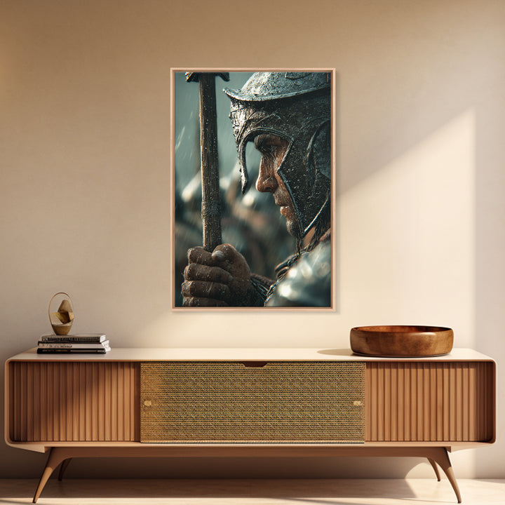 Rain Soaked Warrior Helmet Closeup Canvas Print, Spartan Soldier Wall Art, Dark Historical Decor, Masculine Gift For Him