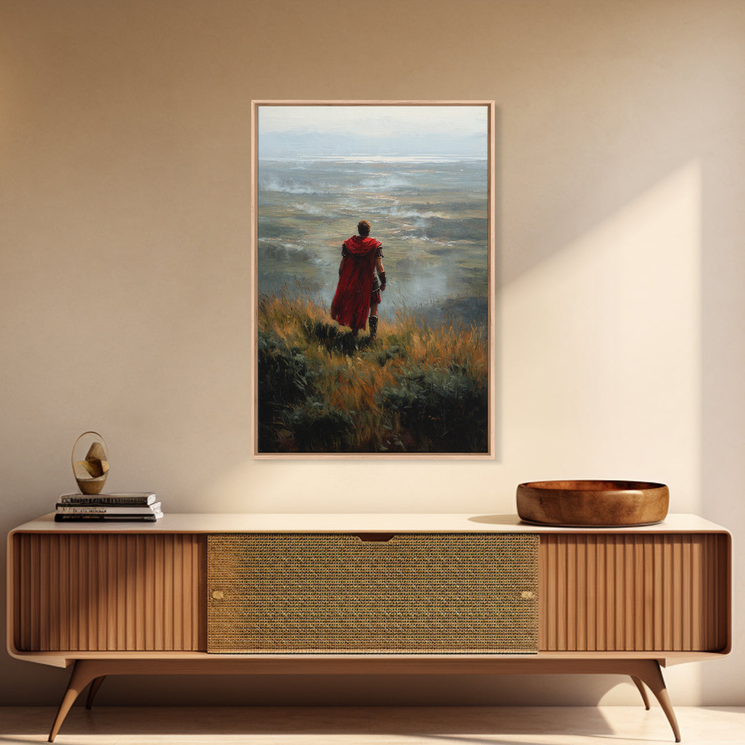Roman Soldier In Red Cape Over Misty Valley Wall Art, Historical Landscape Painting, Moody Warrior Art Decor, Gift For Him