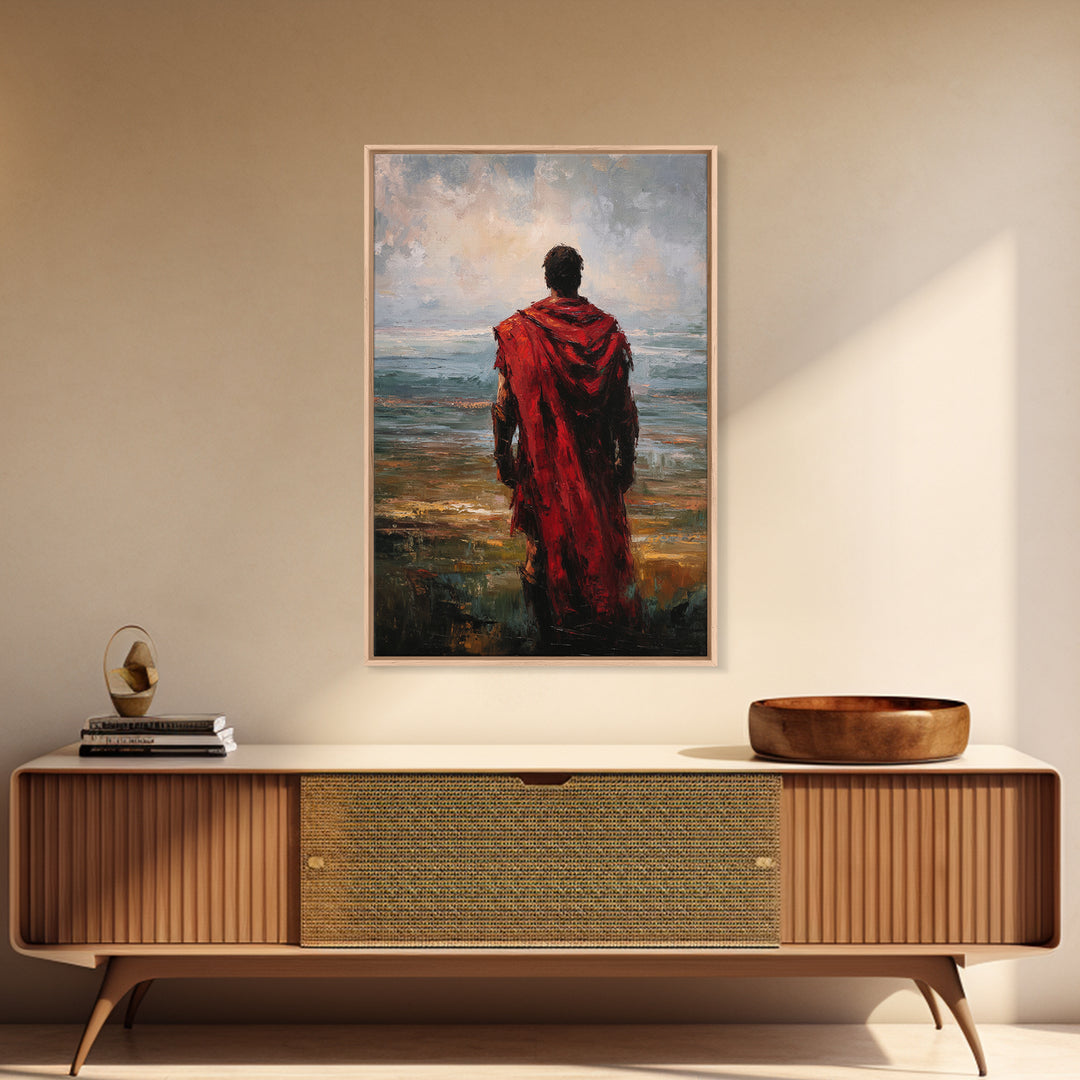 Red Cloaked Warrior Gazing At Sea Canvas Print, Moody Seascape Oil Painting, Roman Wall Art, Masculine Living Room Decor