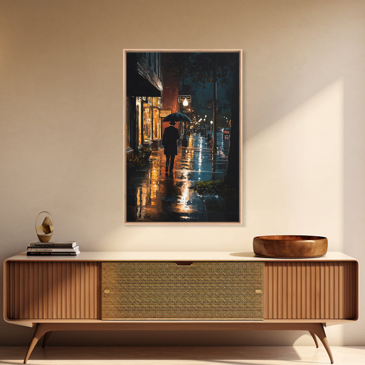 Rainy City Street With Umbrella At Night Wall Art, Moody Urban Landscape Print, Noir Office Decor, Modern Home Decor, Contemporary Art