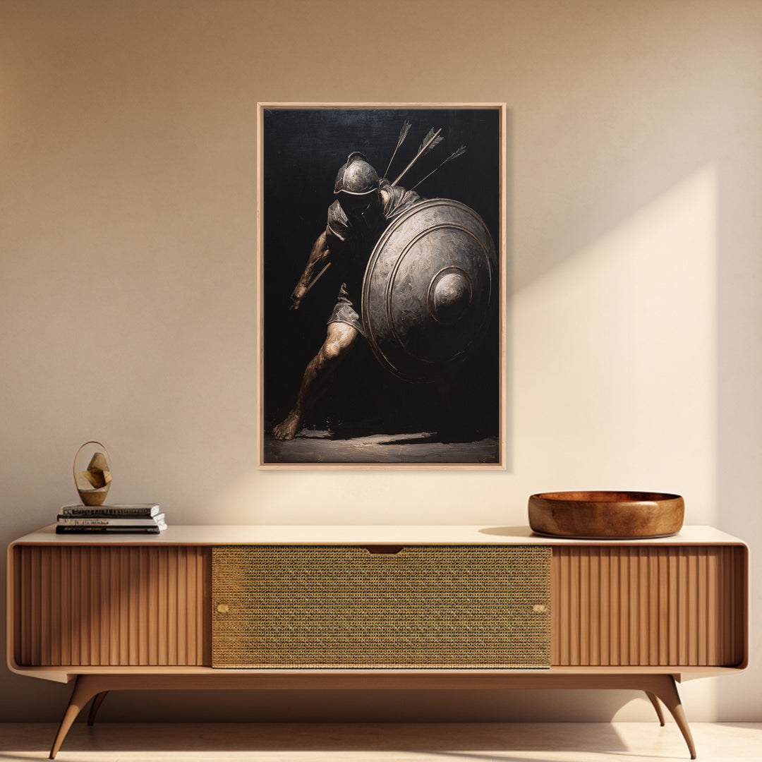 Wounded Medieval Knight Framed Canvas Print, Dark Academia Wall Art, Gothic Warrior Painting, Masculine Office Decor Gift