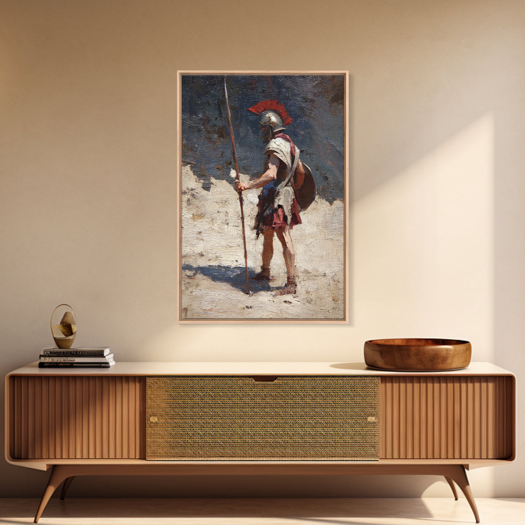 Solitary Roman Guard With Spear Wall Art, Ancient Soldier Canvas Print, Historical Warrior Decor, Masculine Office Art Gift