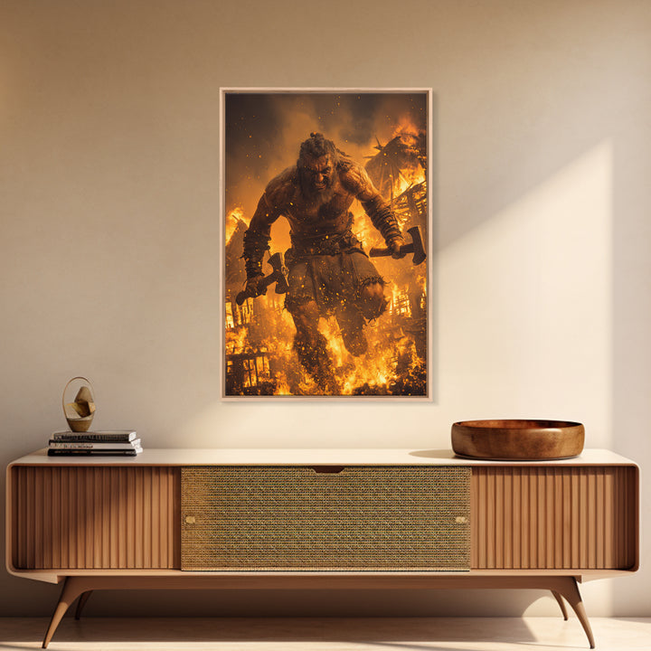 Fiery Berserker Giant With Axes, Dark Fantasy Wall Art, Viking Warrior Canvas, Gothic Decor, Man Cave, Statement Artwork Print
