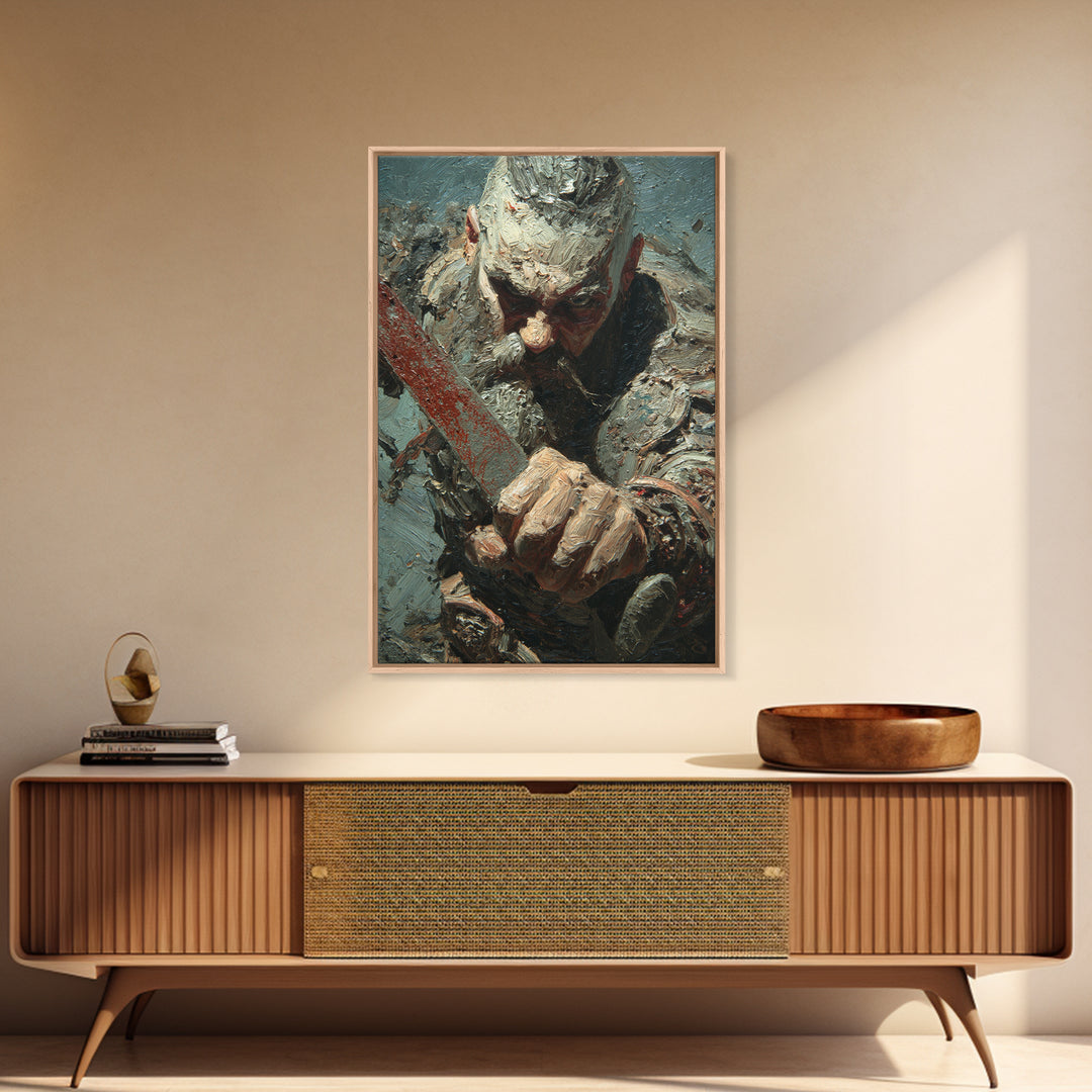 Viking Warrior Sword Framed Canvas Print, Impasto Battle Portrait, Medieval Norse Wall Decor For Masculine Office Gift Idea