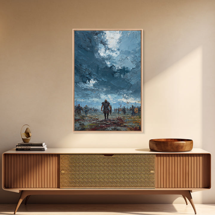 Warrior Walking Across Stormy Battlefield Wall Art, Textured Viking Canvas Print For Masculine Office Decor And Gift For Him