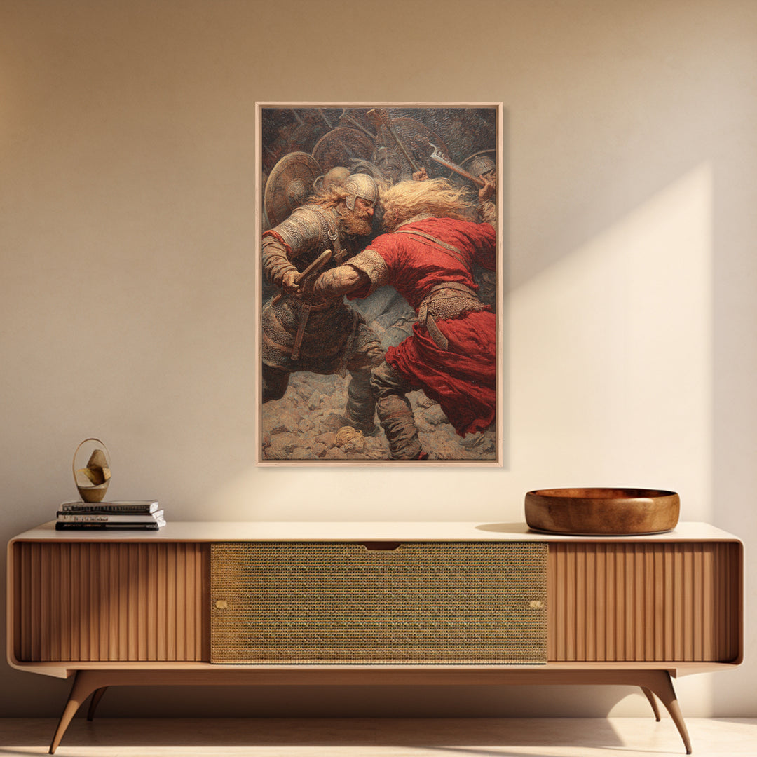 Viking Warriors Locked In Battle Wall Art, Norse Mythology Oil Painting, Historical Art Print, Rustic Man Cave Decor Gift