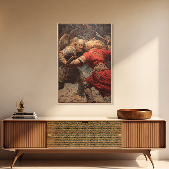 Viking Warriors Locked In Battle Wall Art, Norse Mythology Oil Painting, Historical Art Print, Rustic Man Cave Decor Gift