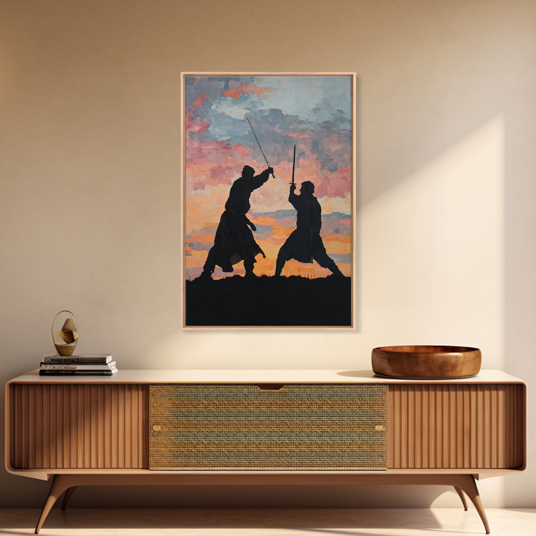 Samurai Sword Duel At Sunset Wall Art, Dramatic Warrior Canvas Print, Japanese Battle Decor, Martial Arts Gift For Him, Dojo Decor
