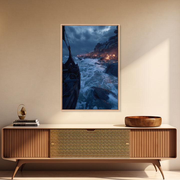 Viking Longship Landing On Stormy Coast Canvas Print, Norse Seascape Wall Art, Maritime Decor, Dark Fantasy Gift For Him