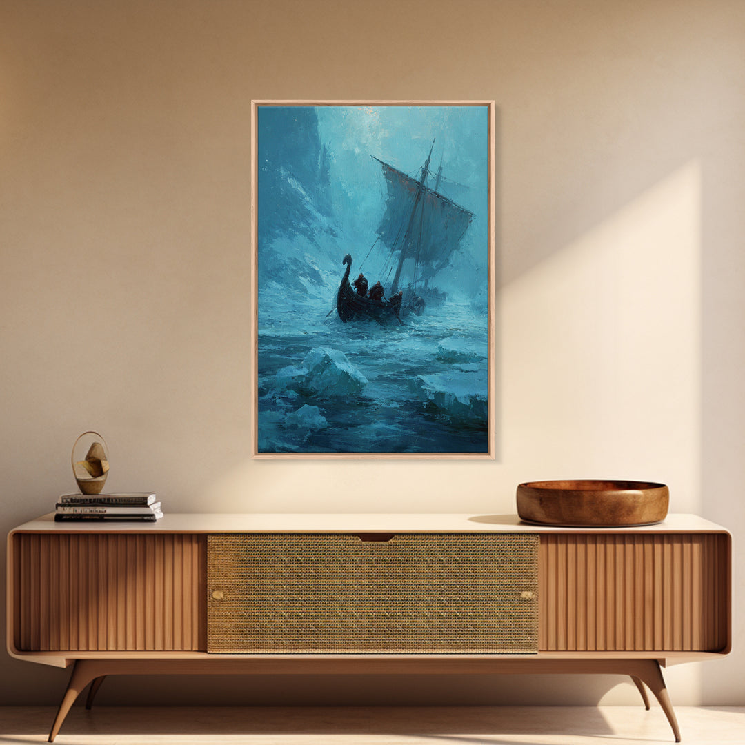 Icy Viking Ship At Sea Canvas Print, Nautical Wall Art, Norse Decor, Coastal Seascape, Fantasy Adventure Home Decor For Living Room