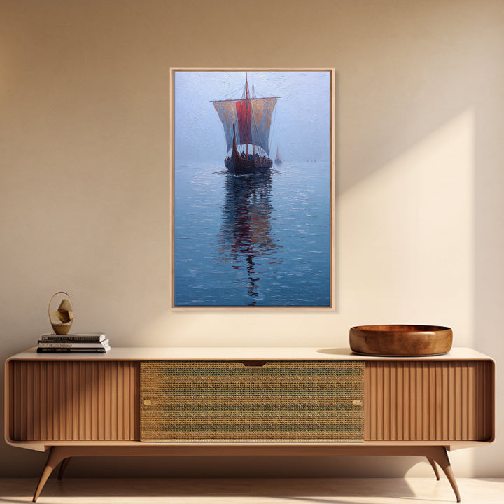 Viking Longship Sailing On Blue Water Framed Canvas Print, Nautical Wall Art, Nordic Seascape Decor, Lake House Art Print