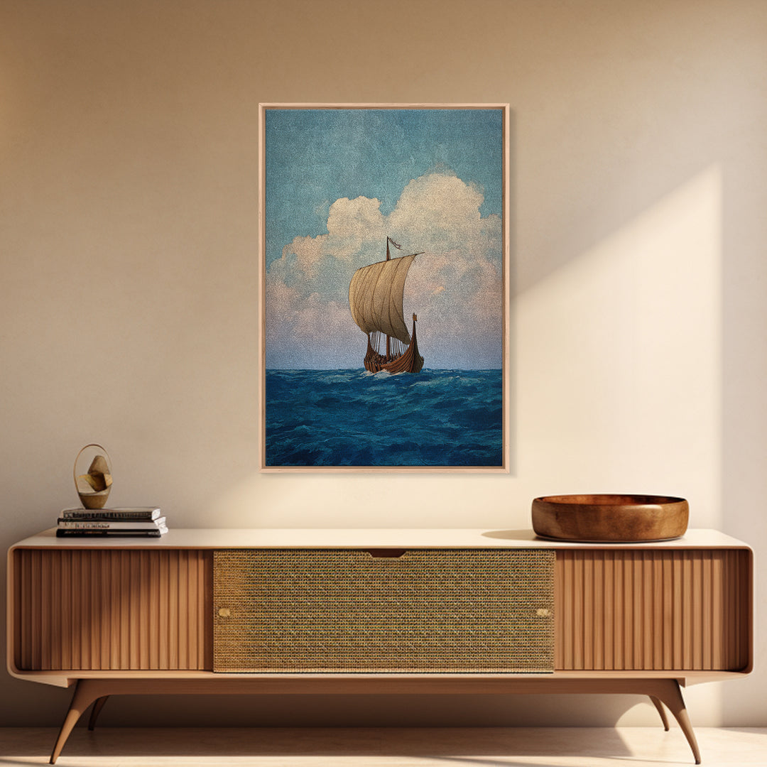 Viking Longship Sailing On Blue Sea Wall Art, Nautical Canvas Print, Scandinavian Coastal Decor, Historical Travel Poster