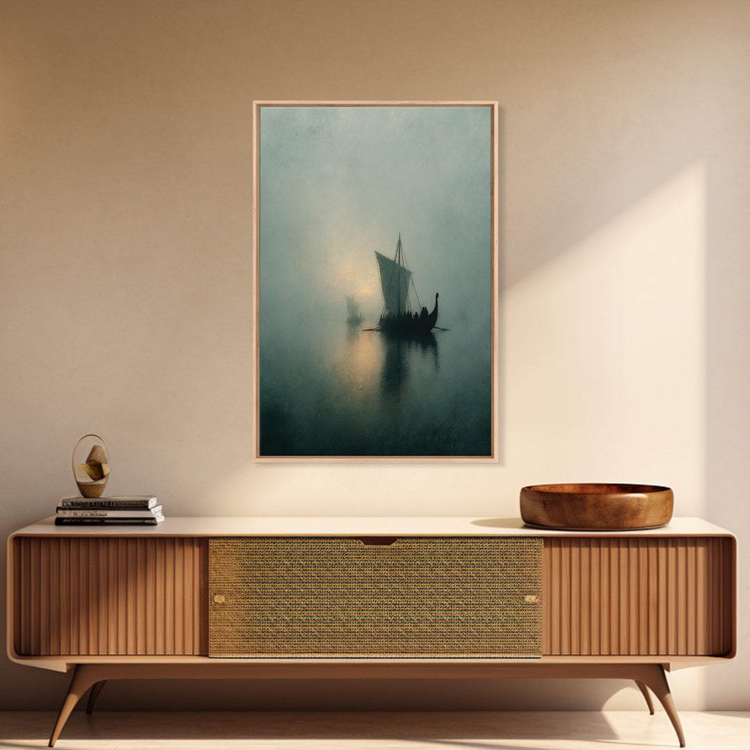Misty Viking Sailboat On Foggy Water, Framed Canvas Print, Moody Seascape Wall Art, Nautical Decor, Nordic Coastal Art Print
