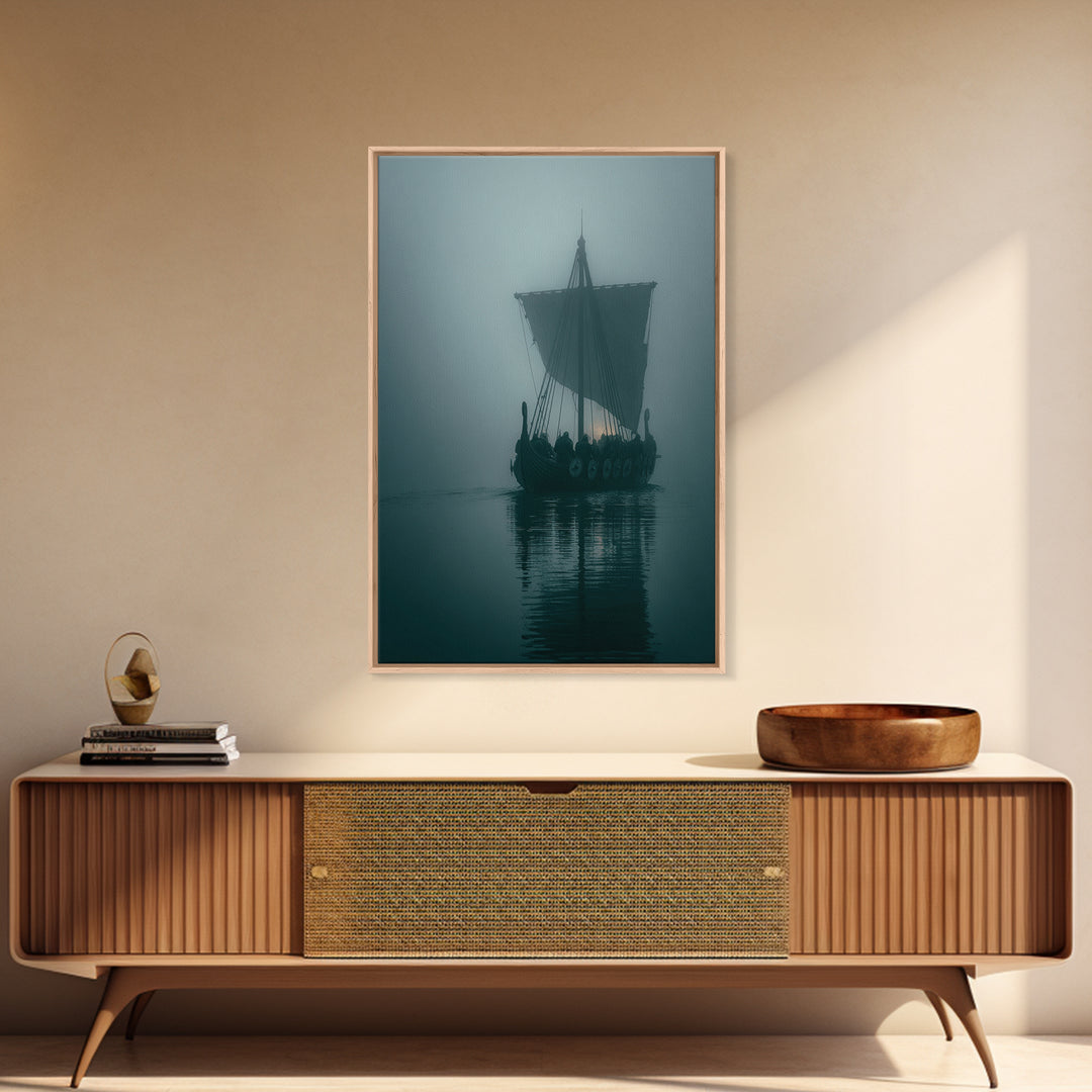 Misty Viking Longship On Dark Water Wall Art, Nordic Nautical Canvas Print, Moody Coastal Decor, Fantasy Seascape Living Room Art