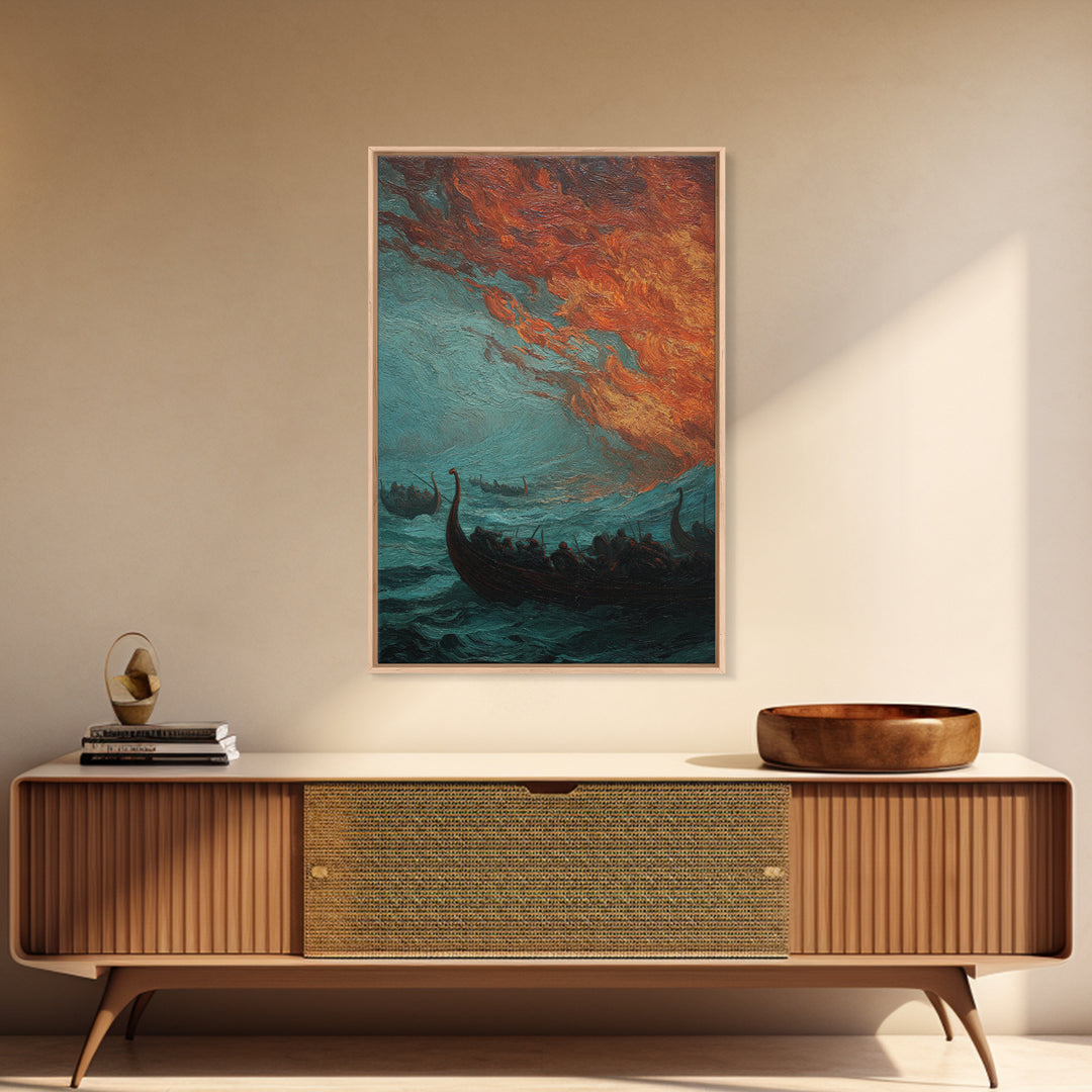 Viking Longships Under Fiery Storm Sky Wall Art, Norse Seascape Canvas Print, Dark Academia Coastal Home Decor, Living Room Decor