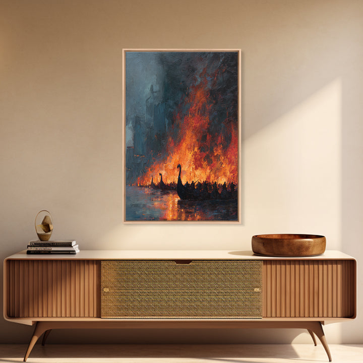 Burning Viking Ships On Dark Harbor Wall Art, Epic Historical Battle Canvas, Moody Seascape, Fantasy Living Room Decor, Home Decor