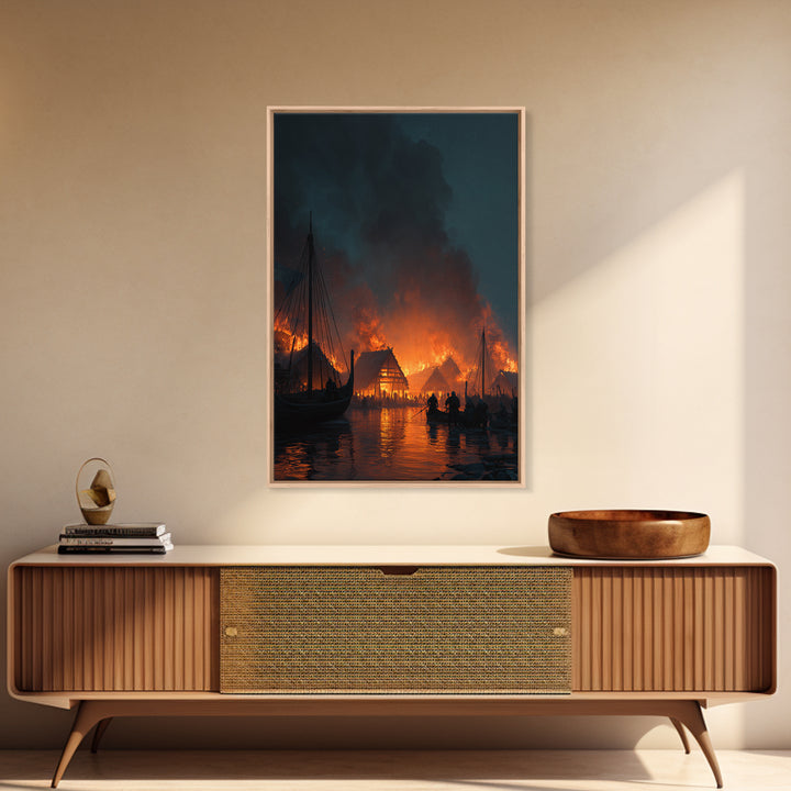 Burning Viking Harbor At Night Wall Art, Nordic Village Canvas Print, Dark Fantasy Decor, Moody Seascape Living Room Art