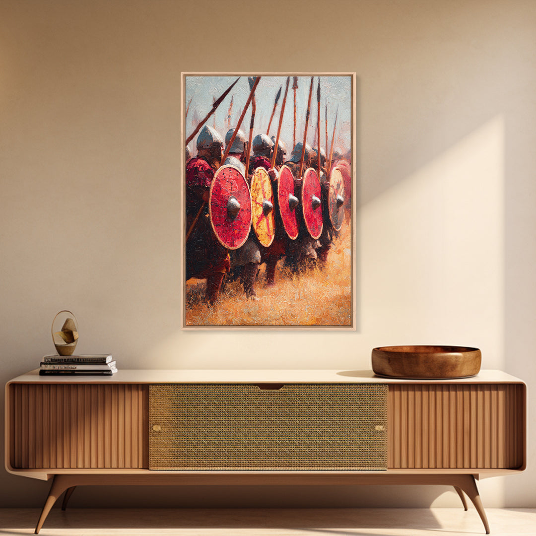 Viking Shield Wall With Red Round Shields Canvas Print, Medieval Warrior Wall Art For Rustic Game Room Decor And Gift For Him
