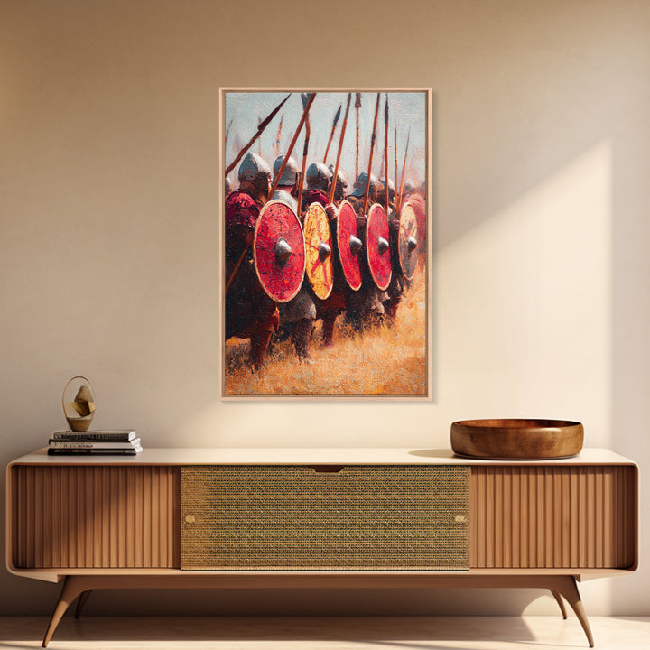 Viking Shield Wall With Red Round Shields Canvas Print, Medieval Warrior Wall Art For Rustic Game Room Decor And Gift For Him