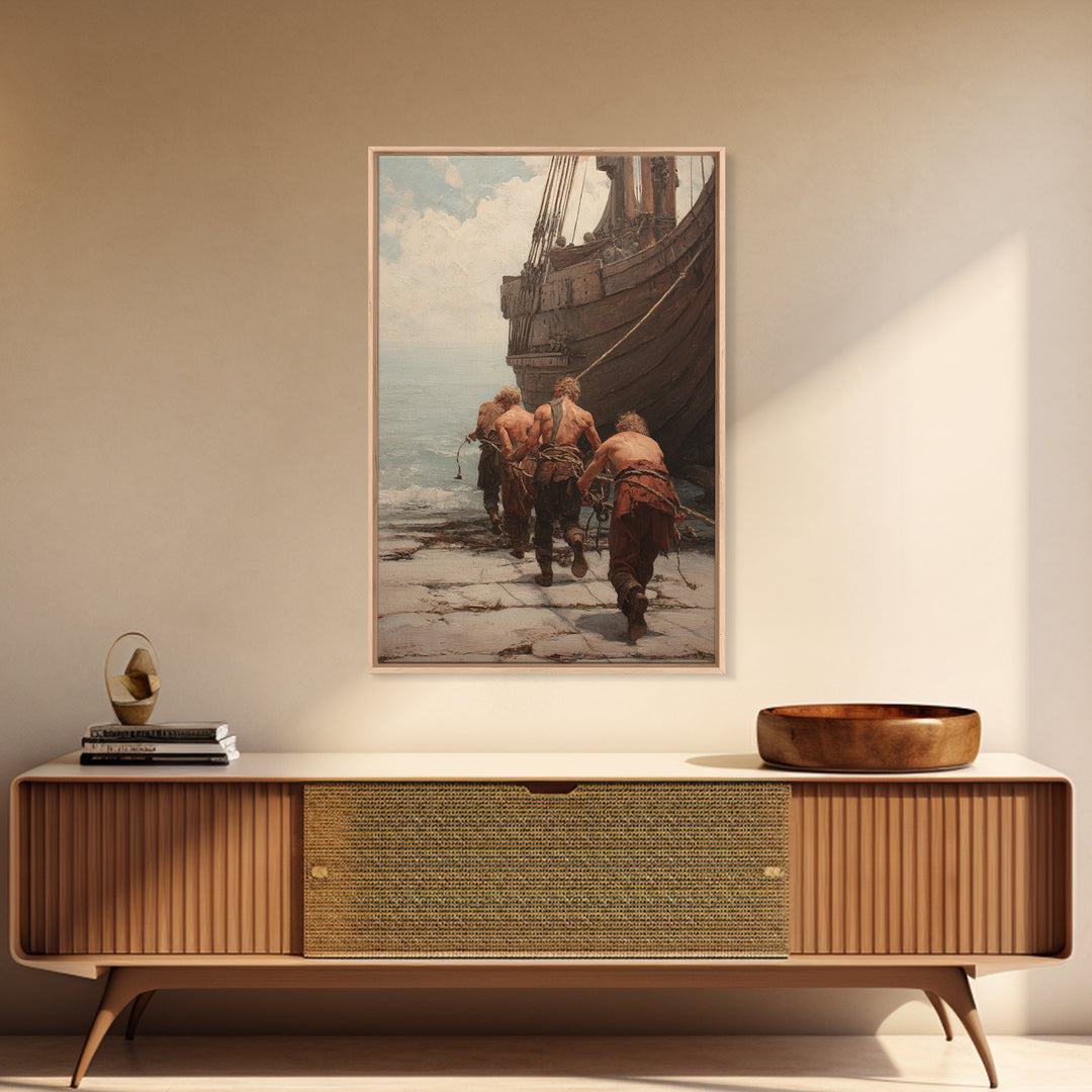 Ancient Ship Haulers Canvas Print, Roman Harbor Warrior Wall Art, Historical Oil Painting, Masculine Office Decor Gift For Him
