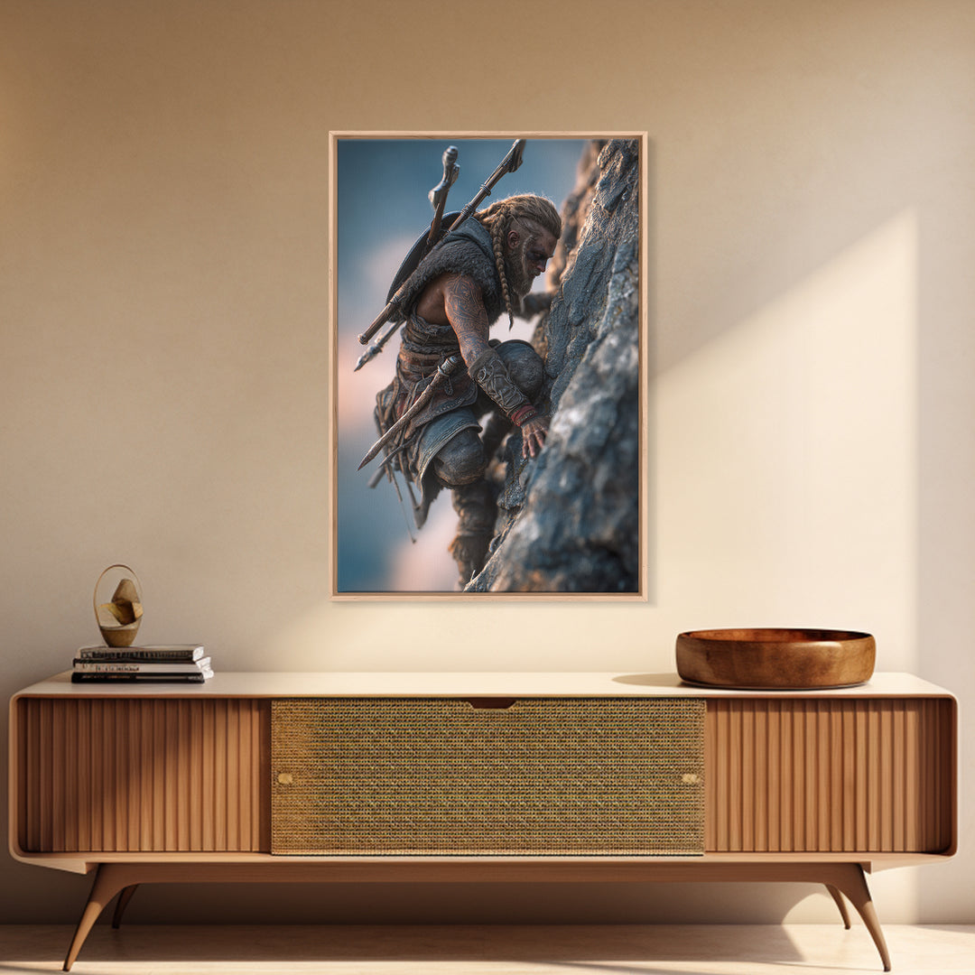 Viking Climbing Sheer Mountain Cliff Framed Canvas Print, Norse Warrior Wall Art, Fantasy Adventure Decor Print, Gift For Him