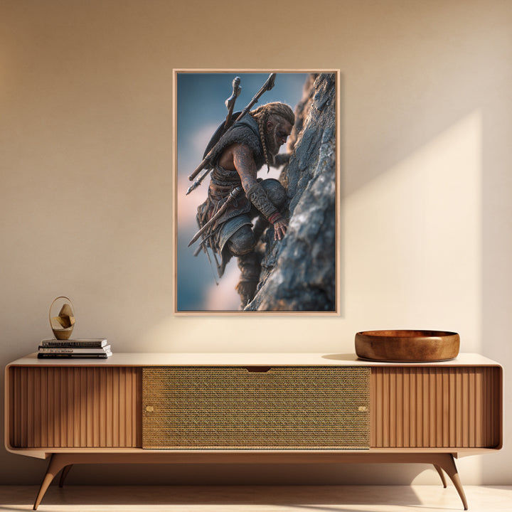 Viking Climbing Sheer Mountain Cliff Framed Canvas Print, Norse Warrior Wall Art, Fantasy Adventure Decor Print, Gift For Him