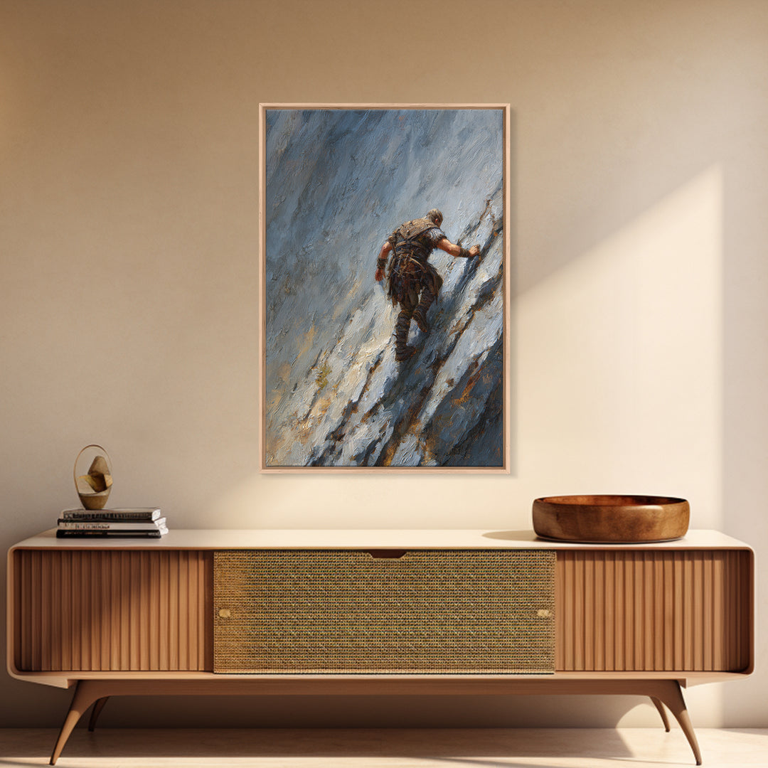 Viking Climber Scaling Icy Mountain Face Framed Canvas Print, Adventure Wall Art, Norse Landscape Office Decor, Gift For Him