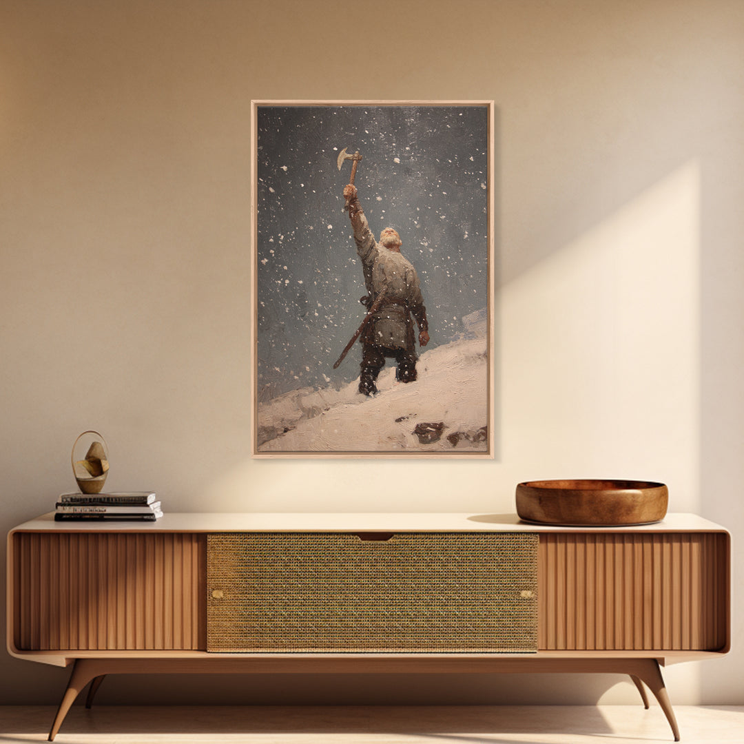Snowy Viking Warrior Raising Axe, Medieval Fantasy Wall Art, Nordic Oil Painting Print, Rustic Cabin Decor, Gift For Him