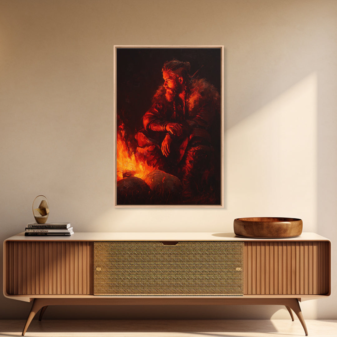 Viking Inspired Bearded Warrior Sitting By Campfire Dramatic Oil Painting Large Framed Canvas Print For Moody Wall Art Rustic Home Décor