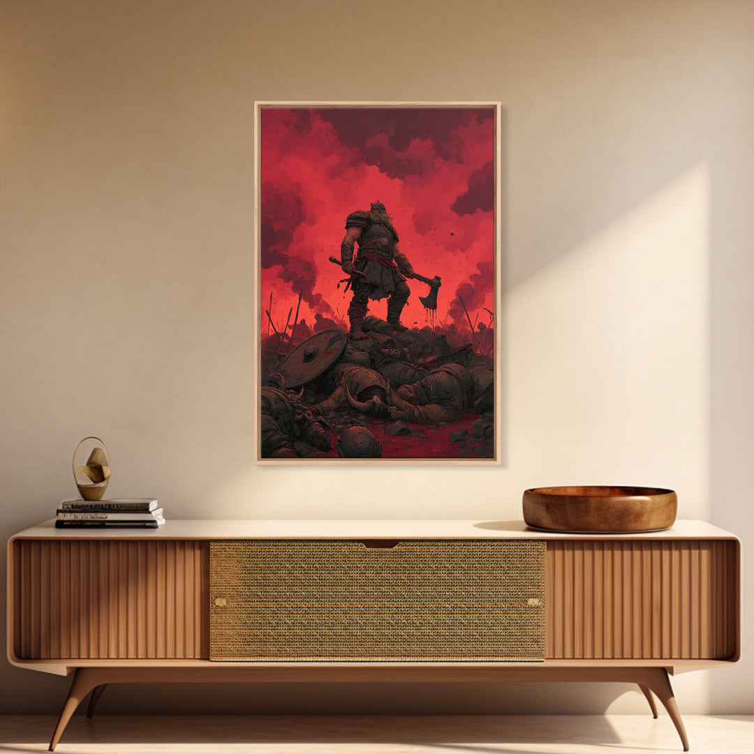 Red Sky Viking Warlord Wall Art, Dark Fantasy Art, Norse Warrior Poster, Gothic Canvas Print, Masculine Game Room Decor Gift