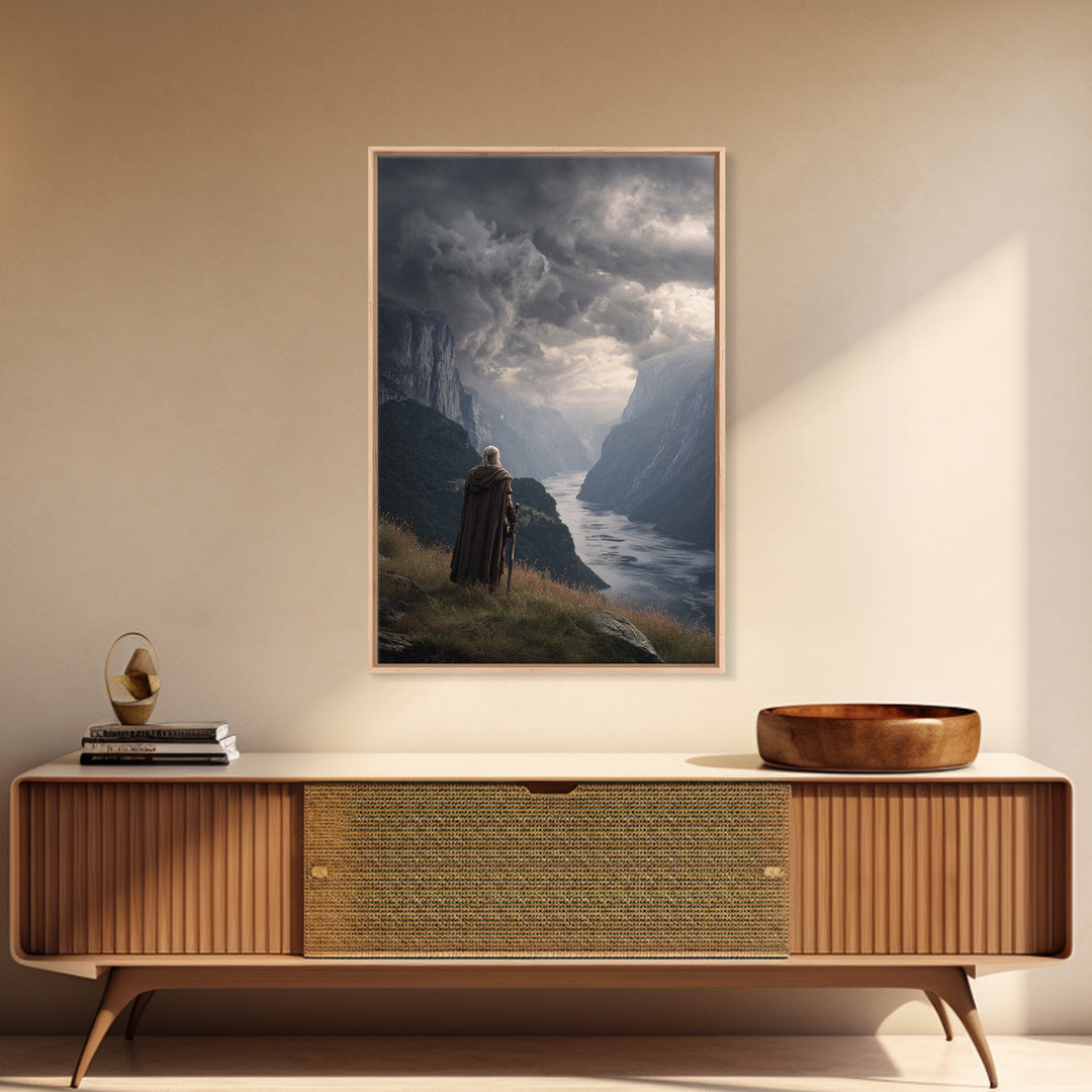 Cloaked Warrior Over Stormy Fjord Wall Art, Epic Nordic Landscape Canvas Print, Dark Academia Decor, Mountain Art Living Room Decor