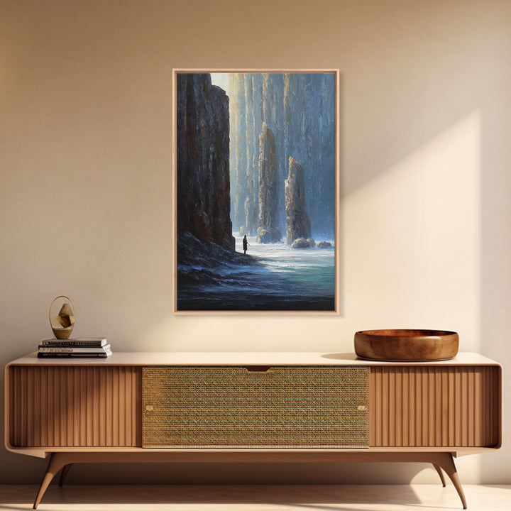 Lone Figure Among Blue Sea Cliffs Canvas Print, Moody Coastal Landscape Art, Fantasy Wall Decor, Modern Home Decor For Office