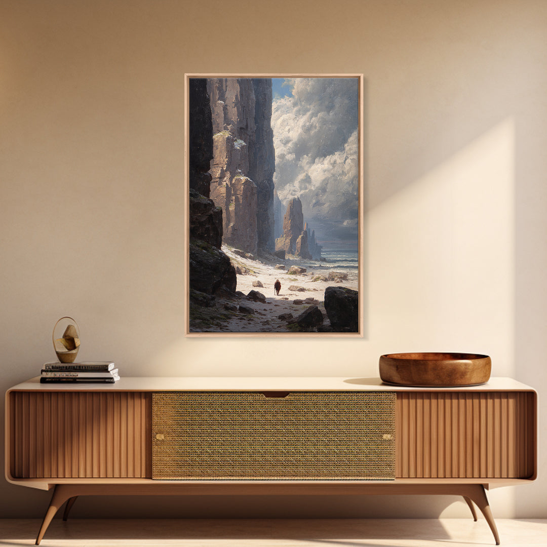 Towering Sea Cliffs And Lone Wanderer Canvas Print, Moody Coastal Landscape Art, Nautical Wall Decor, Living Room Art Print