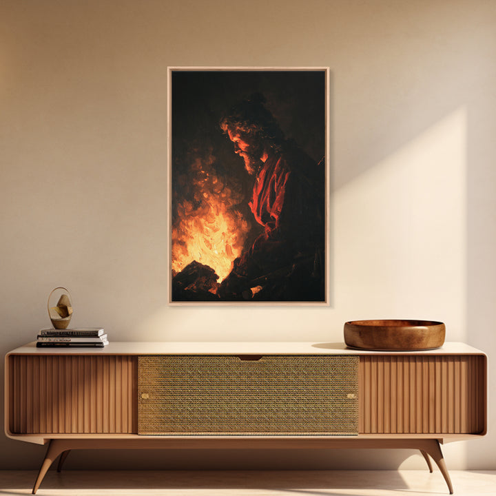 Moody Man Beside Fire Canvas Print, Dark Academia Wall Art, Baroque Inspired Portrait, Rustic Cabin Decor, Gift For Him Print