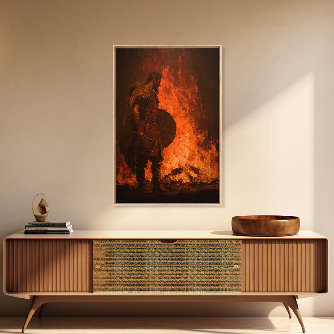 Viking Warrior Beside Blazing Fire Framed Canvas Print, Dark Fantasy Wall Art, Norse Masculine Home Decor, Gift For Him, Office Decor
