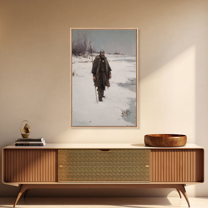 Viking Warrior In Snow Canvas Print, Medieval Winter Landscape Painting, Nordic Wall Art For Rustic Cabin Home Decor Gift