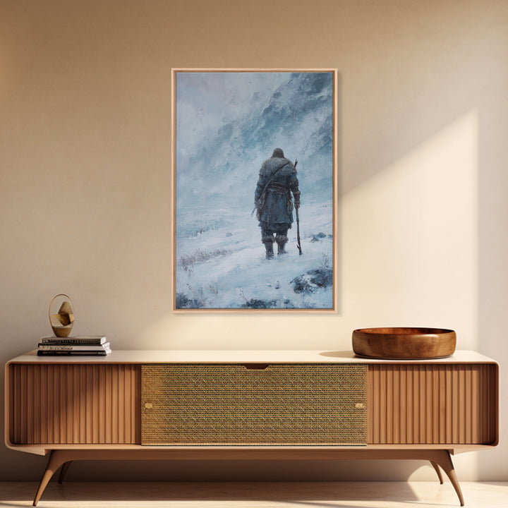 Lone Wanderer In Snowy Mountain Blizzard Wall Art, Viking Winter Landscape Canvas Print For Cabin Decor And Gift For Him