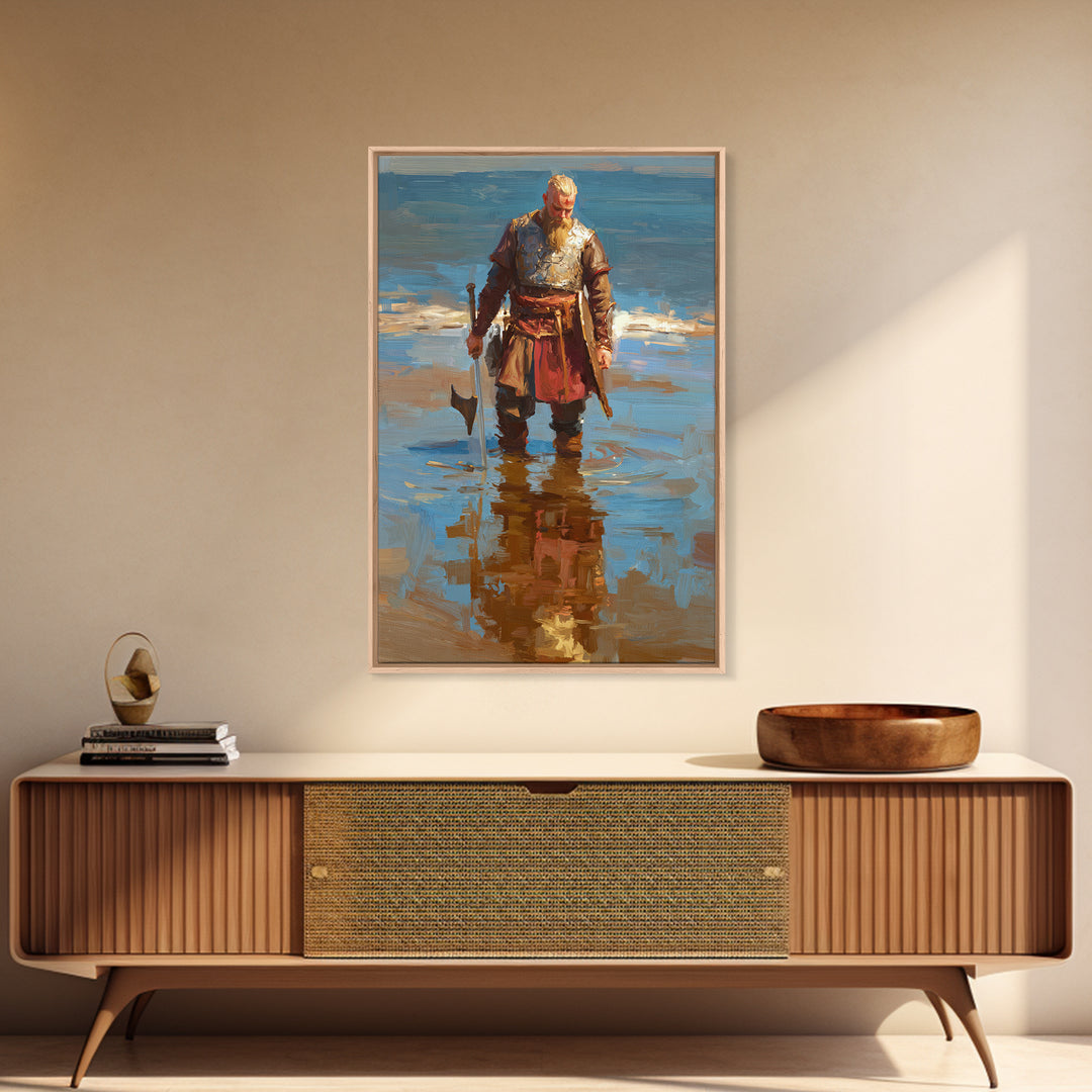 Blond Viking Warrior Standing In Reflective Shore Water Canvas Print, Coastal Fantasy Art, Masculine Wall Decor, Fine Art