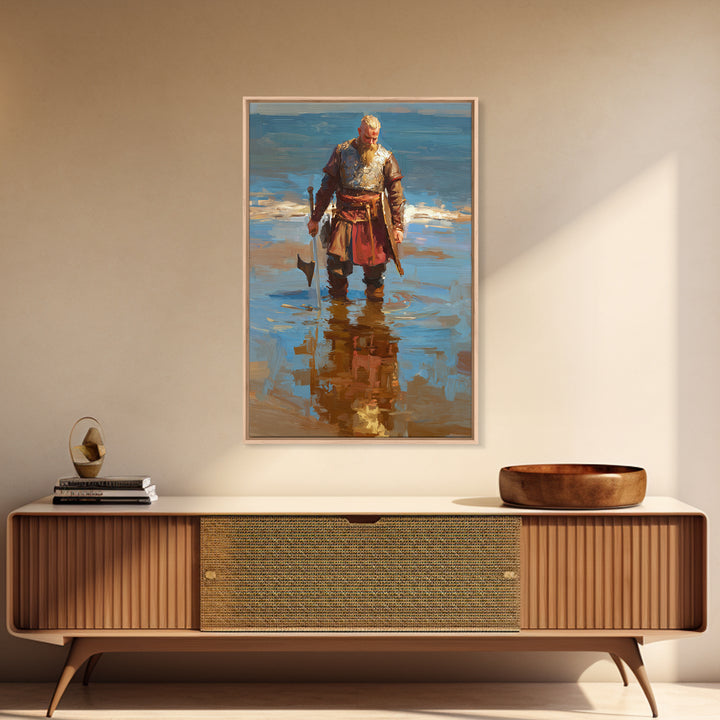 Blond Viking Warrior Standing In Reflective Shore Water Canvas Print, Coastal Fantasy Art, Masculine Wall Decor, Fine Art