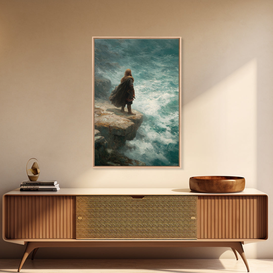 Viking Warrior At Turquoise Sea Wall Art, Coastal Fantasy Canvas Print, Ocean Seascape Painting, Norse Decor Gift For Him