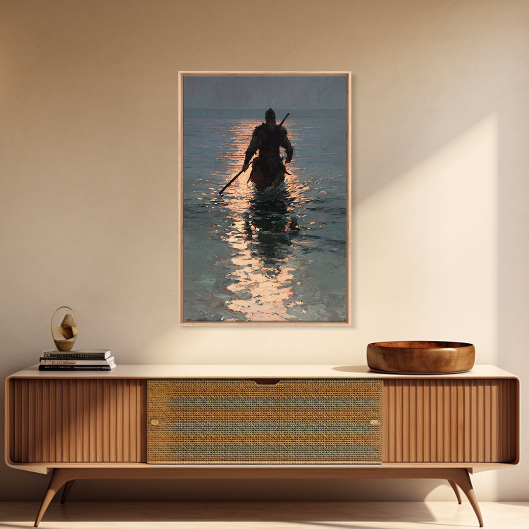 Lone Warrior Wading Through Sunset Sea Wall Art, Moody Seascape Canvas Print, Coastal Fantasy Large Living Room And Office Decor