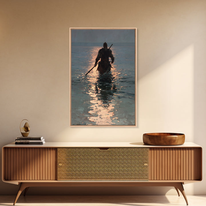 Lone Warrior Wading Through Sunset Sea Wall Art, Moody Seascape Canvas Print, Coastal Fantasy Large Living Room And Office Decor