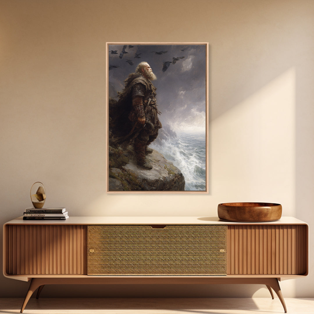Bearded Viking On Stormy Sea Cliff Wall Art, Norse Raven Seascape Canvas Print, Dark Academia Masculine Decor, Gift For Him