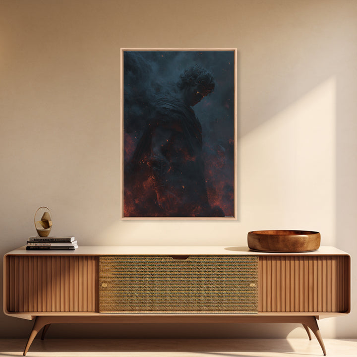 Fiery Dark Warrior With Glowing Eyes Wall Art, Mythological Fantasy Canvas Print, Gothic Decor, Dramatic Office Art For Men