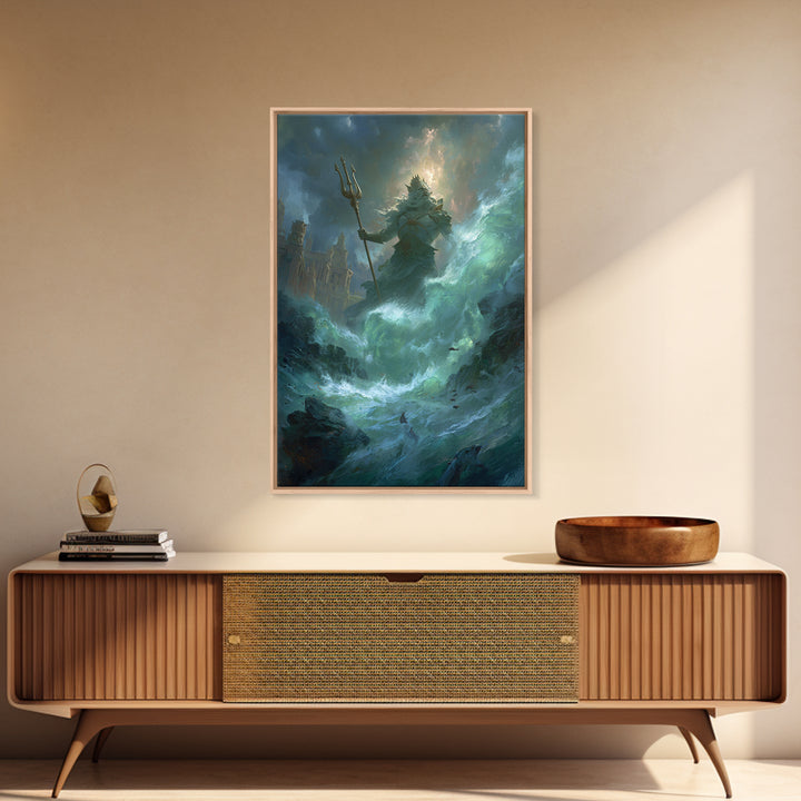 Colossal Sea God With Trident Canvas Print, Mythological Ocean Wall Art, Fantasy Seascape Decor, Dramatic Coastal Gift For Him