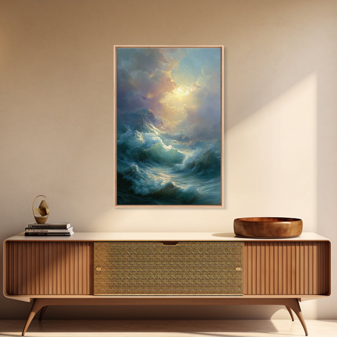 Stormy Ocean Wave Wall Art, Dramatic Seascape Oil Painting, Coastal Canvas Decor For Living Room And Beach House Gift Idea