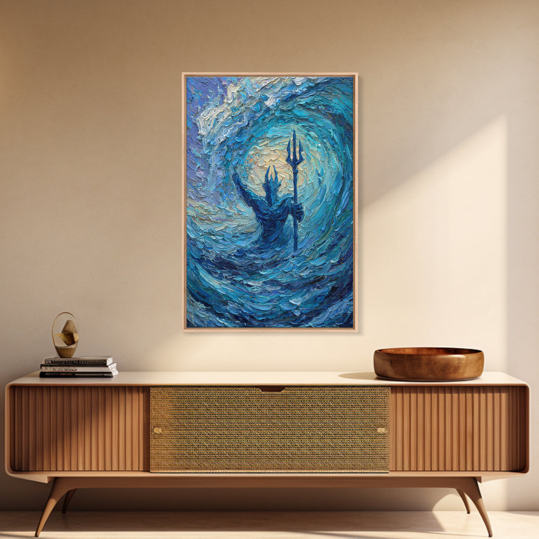 Sea God With Trident In Turquoise Wave Canvas Print, Poseidon Ocean Wall Art For Coastal Living Room Decor And Mythology Art Gift