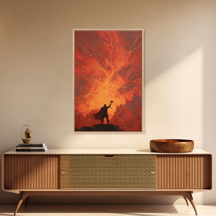 Thor Hammer Lightning Wall Art, Norse Mythology Storm Painting, Dramatic Red Sky Canvas Decor For Fantasy Home Office Gift